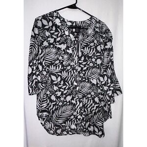 Preswick & Moore 2X Black White Floral 3/4 Sleeve‎ Blouse Top Women's